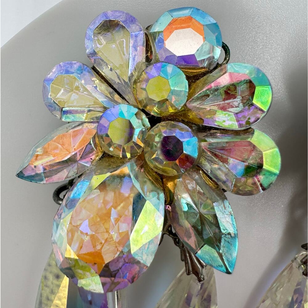 Eva K. silver tone AB aurora borealis glass rhinestones dangle clip on earrings - Picture 4 of 8